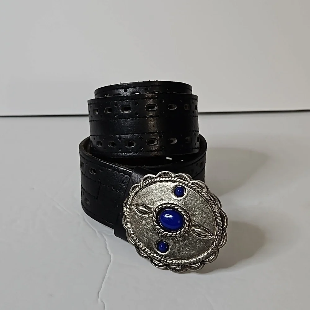 Leather Belt with Silvertone Buckle Black Pre-owned